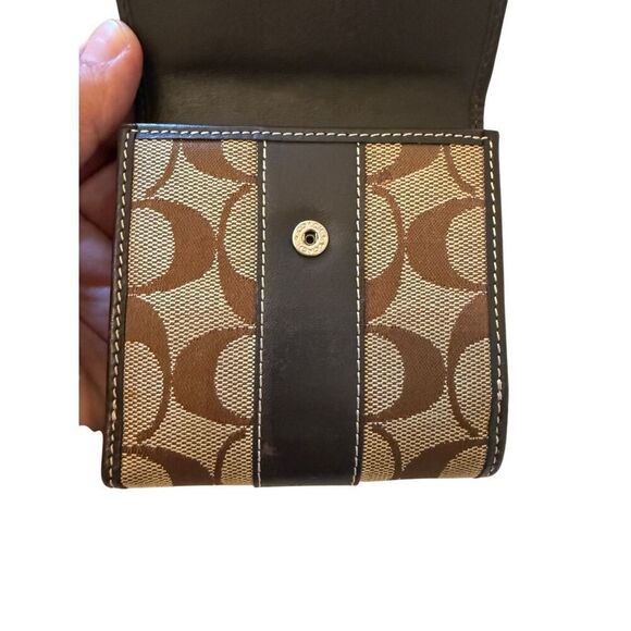 Coach Womens Brown Signature C Logo Leather Canvas Card Snap Bifold Wallet Small - Picture 9 of 10